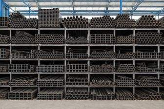 Round and square steel tube racked by size, cut ends facing out